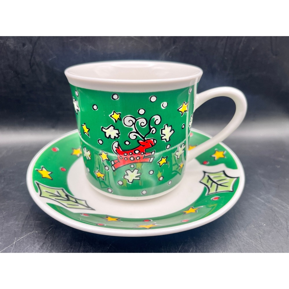 Vtg Gibson Everyday Christmas Treasures Cup and Saucer w/ Reindeer & Holly 8 oz